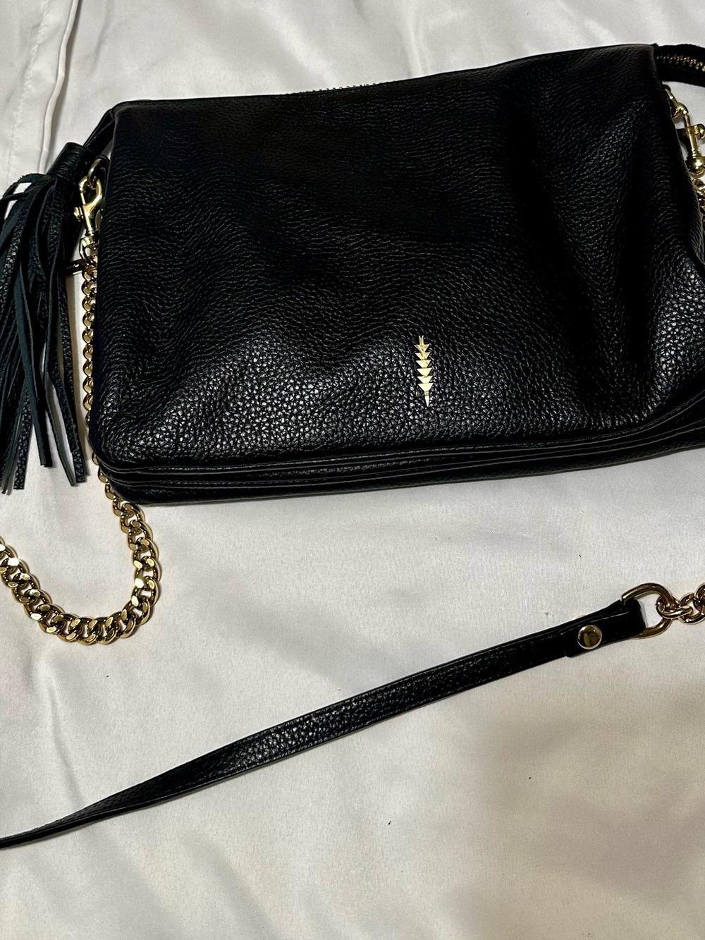 Black Leather Tassel Crossbody Bag with Gold Chain